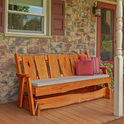 Amish Made 6 feet wide Timberland Glider Bench with Cedar outdoor stain. Pillows and cushion not included. For Online purchase at Harvest Array.