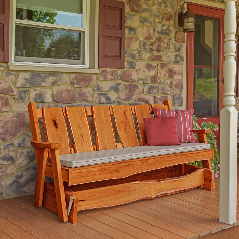 Amish Made 6 feet wide Timberland Glider Bench with Cedar outdoor stain. Pillows and cushion not included. For Online purchase at Harvest Array.