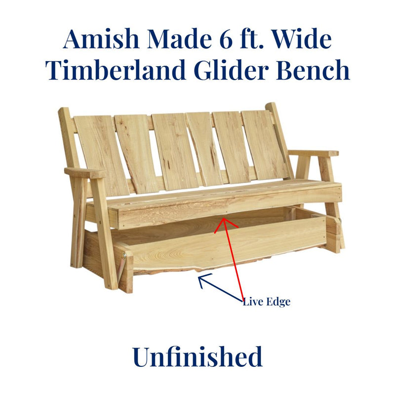 Versatile, unfinished Amish Made 6 feet wide Timberland Glider Bench for indoor or outdoor use. Order at harvestarray.com for Free Shipping.