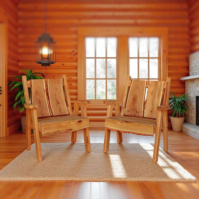 Amish Made Timberland Chairs with indoor cedar stain in a log cabin with sunlight streaming through a window. Free Shipping when ordered at harvestarray.com.