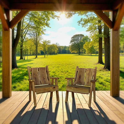 Two Amish made Timberland Chairs with Mushroom Outdoor Stain can be drop shipped to your home when ordered at Harvest Array.