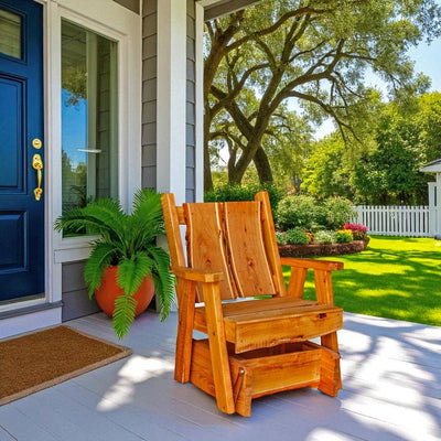 Harvest Array's Amish Made Timberland Glider Chair, shown with a cedar outdoor stain. Great for indoors and outdoors.