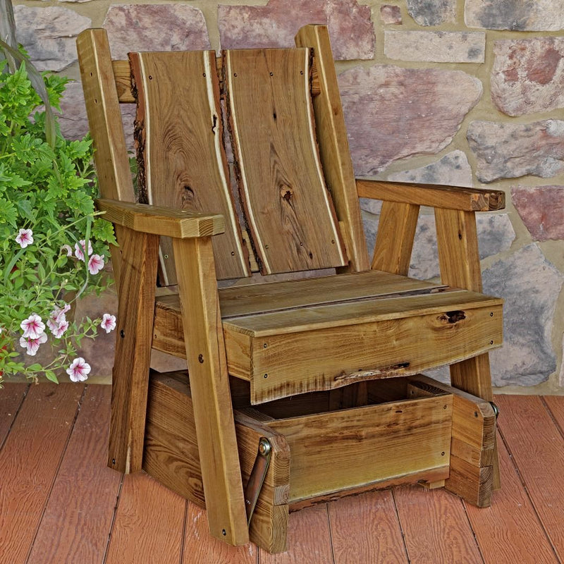 Close up view of the Live Edge detail on our Amish Made Timberland Glider Chair-outdoor mushroom stain.