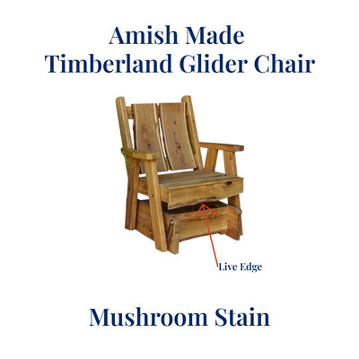 Mushroom Stained Amish Made Timberland Glider Chair with Live Edges.  Shop harvestarray.com today.