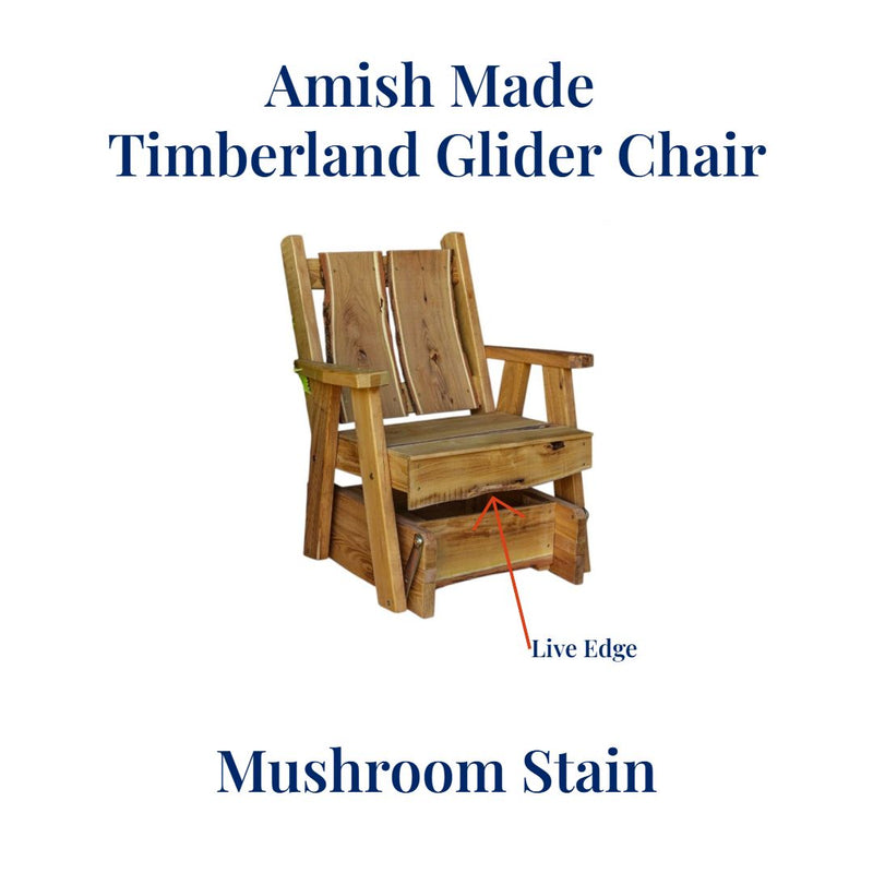 Mushroom Stained Amish Made Timberland Glider Chair with Live Edges.  Shop harvestarray.com today.