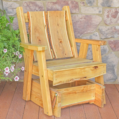 Close up of our Amish Made Timberland Glider Chair with Live Edges. Free Shipping at harvestarray.com.