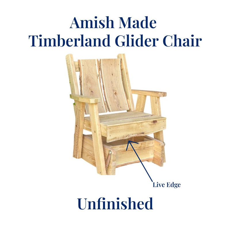 Amish Made Timberland Glider Chair with Live Edges. Unfinished. Shop harvestarray.com today.