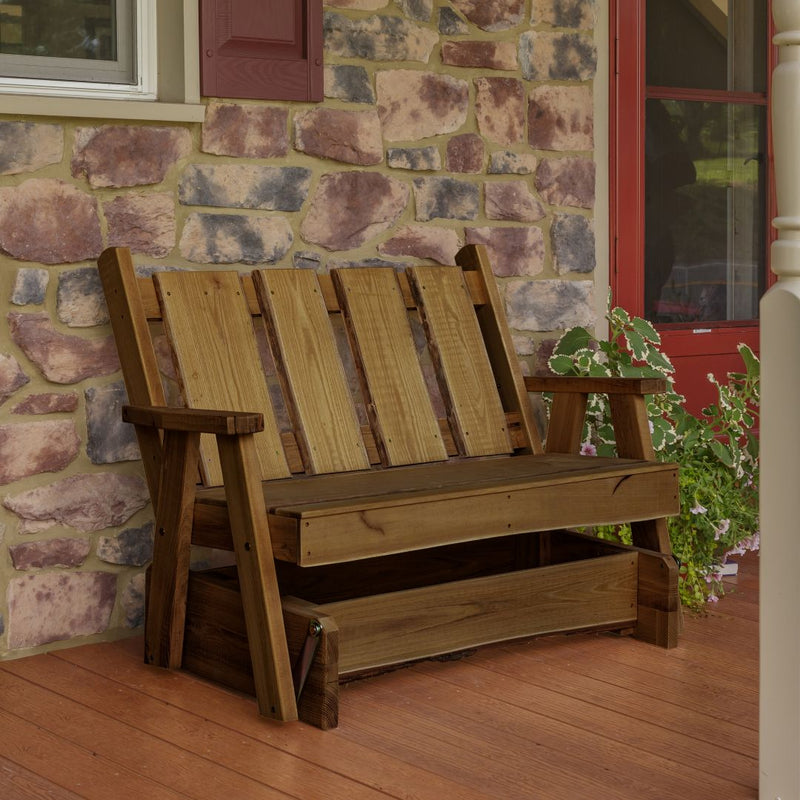 Free shipping applies to our Amish Made 4 foot Timberland Glider Benches. We deliver heritage right to your door step. harvestarray.com.