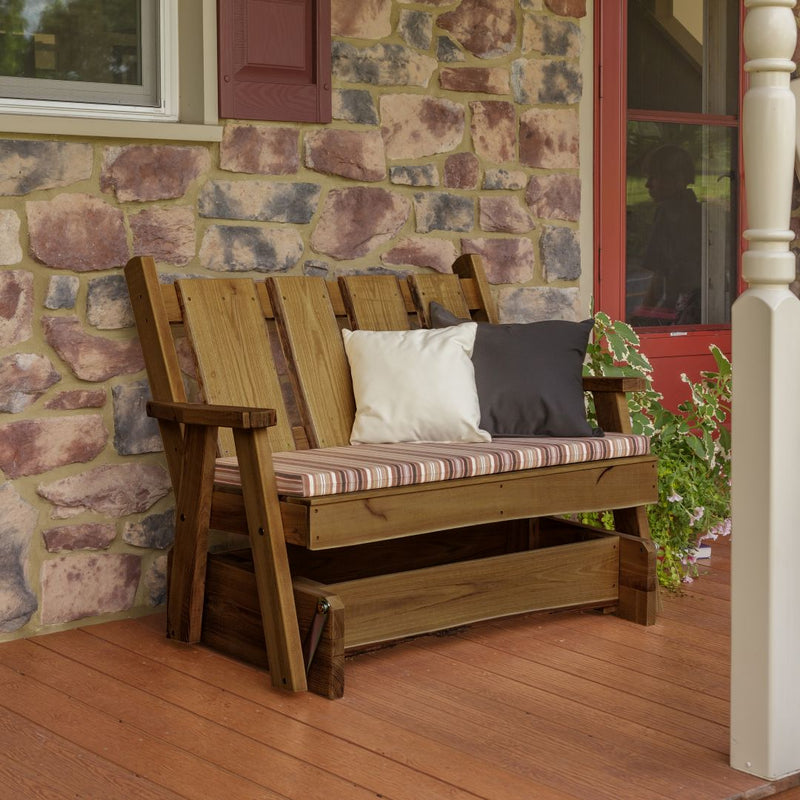 Mushroom outdoor stained Amish Made 4 foot Timberland Glider Bench with optional pillows and cushions. Purchase online  at harvestarray.com.