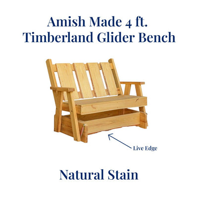 Natural stained Amish Made 4 foot Timberland Glider Bench with Live Edge. Free Shipping from Harvest Array.