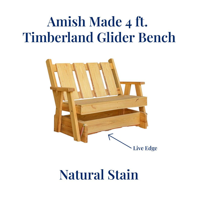 Natural stained Amish Made 4 foot Timberland Glider Bench with Live Edge. Free Shipping from Harvest Array.