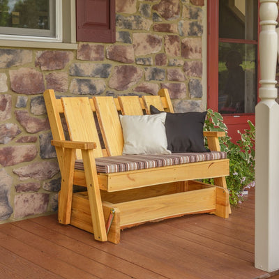 Natural Stained Amish Made 4 foot Timberland Glider Bench. Order today from harvestarray.com. Free Shipping.