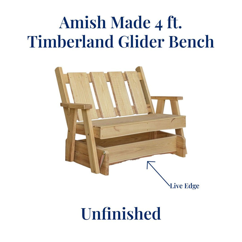 Unfinished, Amish Made 4 foot Timberland Glider Bench with Live Edge. Free Shipping when ordered online at Harvest Array.