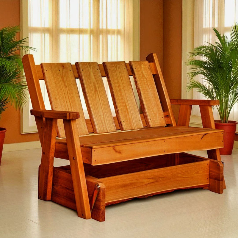 Indoor/Outdoor Rustic Amish Made 4 foot Timberland Glider Bench with indoor Cedar Stain option from Harvest Array.