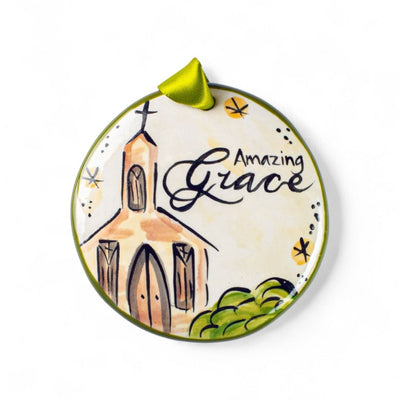 3.5" by 3.5" Hand Painted Ceramic Amazing Grace Holiday Ornament. Made in the USA.