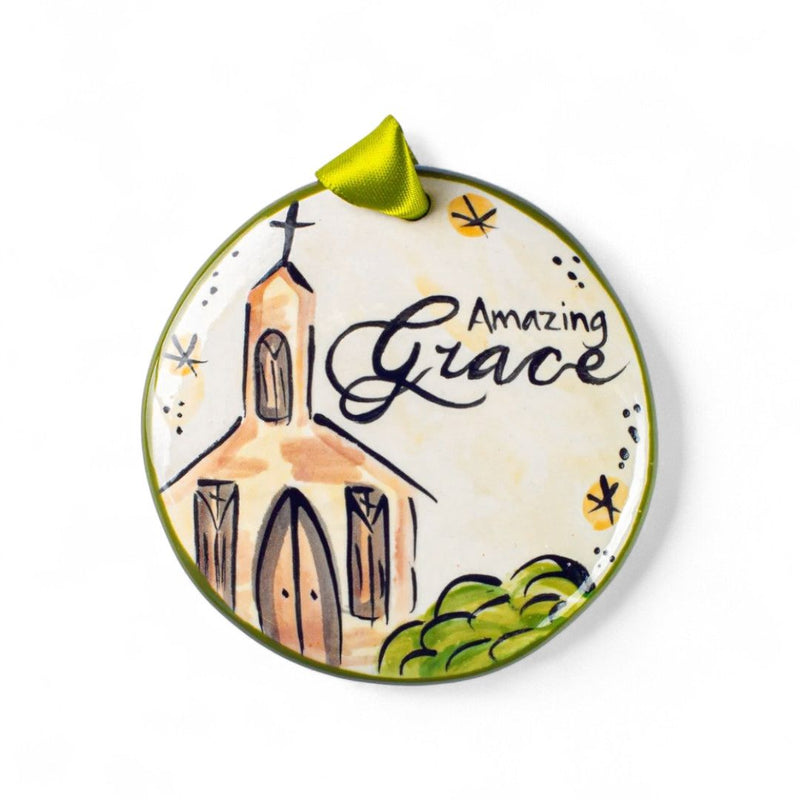 3.5" by 3.5" Hand Painted Ceramic Amazing Grace Holiday Ornament. Made in the USA.