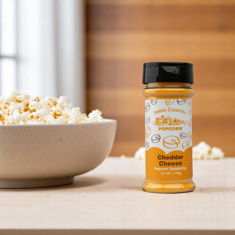 Amish Country Cheddar Cheese Popcorn Seasoning on the table