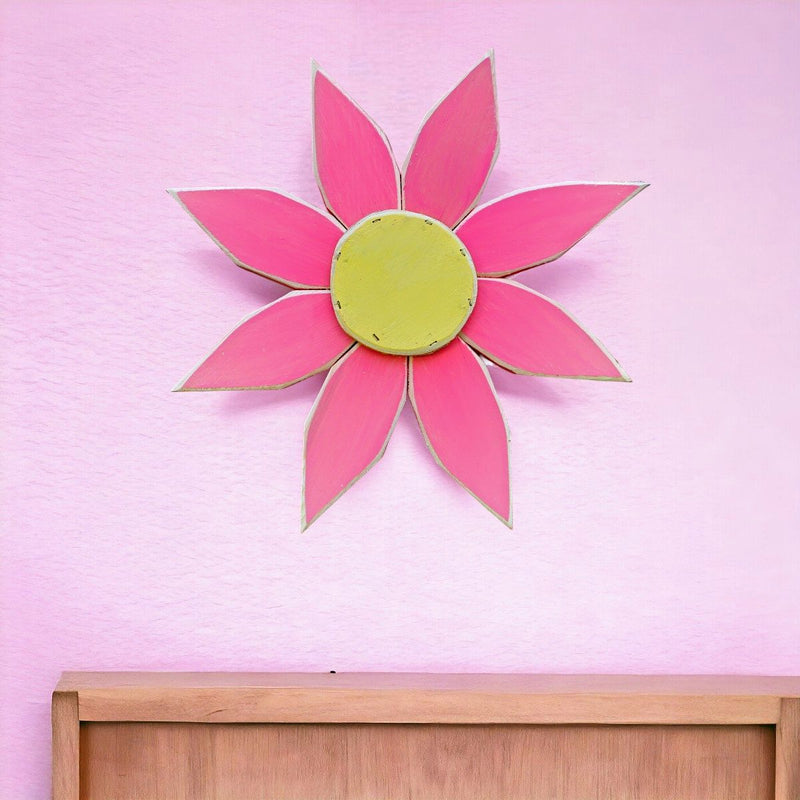 Pink and Yellow Amish Made Wooden Flower on a bedroom wall from Harvest Array
