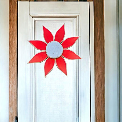 Red and White Amish Made Wooden Flowers shown as a door hanger, spring decoration. Available at Harvest Array