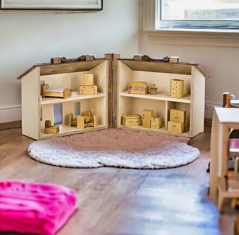 Amish Made Wooden Folding Doll House with Furniture available at Harvest Array.