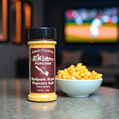 Enhance your plain old popcorn with a dash of Amish Country Ballpark Style Popcorn Salt - extra buttery.  Order today from Harvest Array.