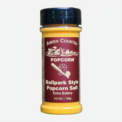 Amish Country Popcorn Ballpark Style Popcorn Salt with extra butter. 5.5 ounce container sold online at Harvest Arraya.