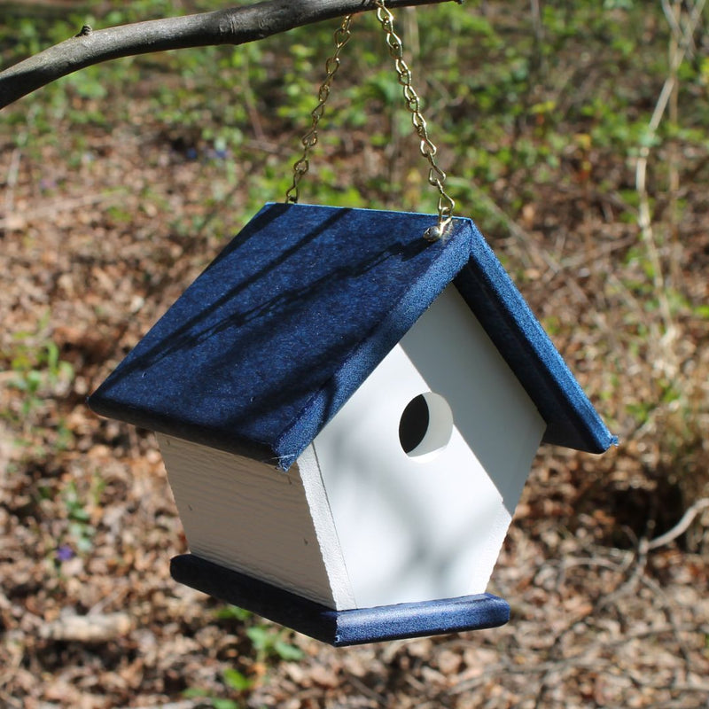 White birdhouse with a blue roof for Wrens, hanging from a branch in a natural setting.