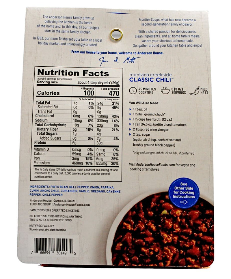 Back label with instructions and ingredients in Anderson House Montana Creekside Classic Chili Mix.