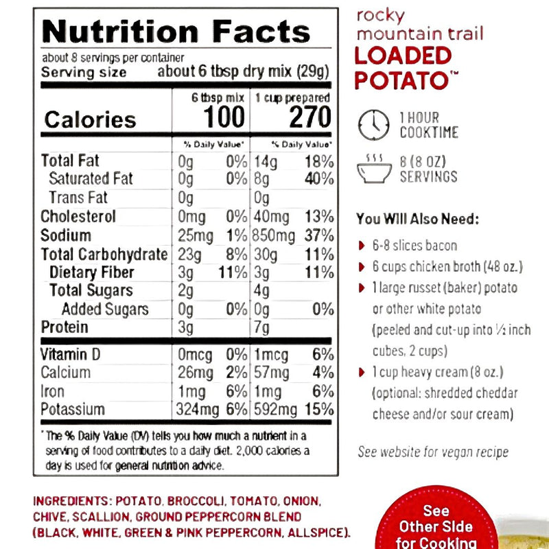 Nutrition facts label for Rocky Mountain Trail Loaded Potato mix. Stock your pantry from harvestarray.com.