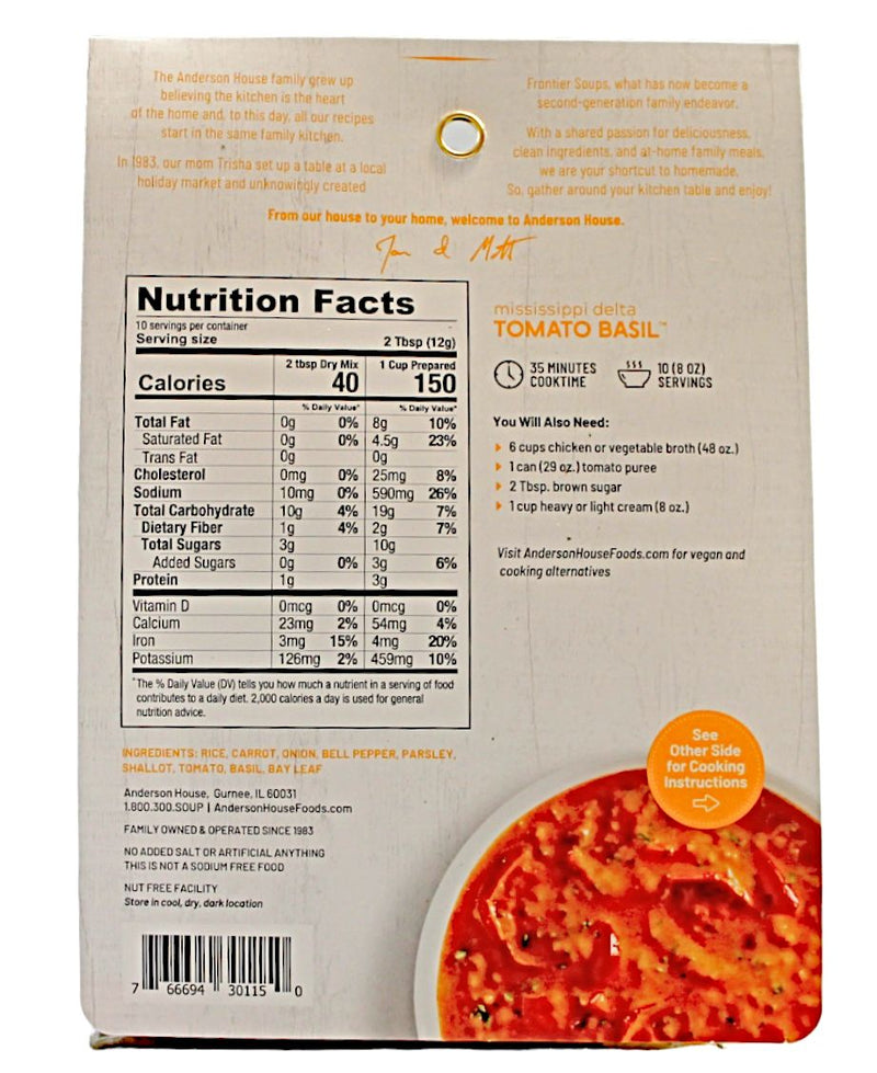Back of package of Mississippi Delta Tomato Basil Soup Mix. Just add simple ingredients you probably have in your kitchen already.