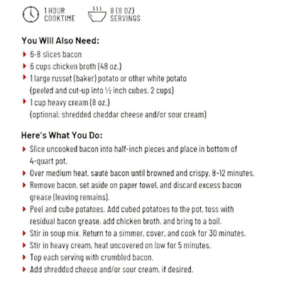 Recipe card with cooking instructions and ingredients for Anderson House Rocky Mountain Trail Loaded Potato Soup Mix. Available online at harvestarray.com.
