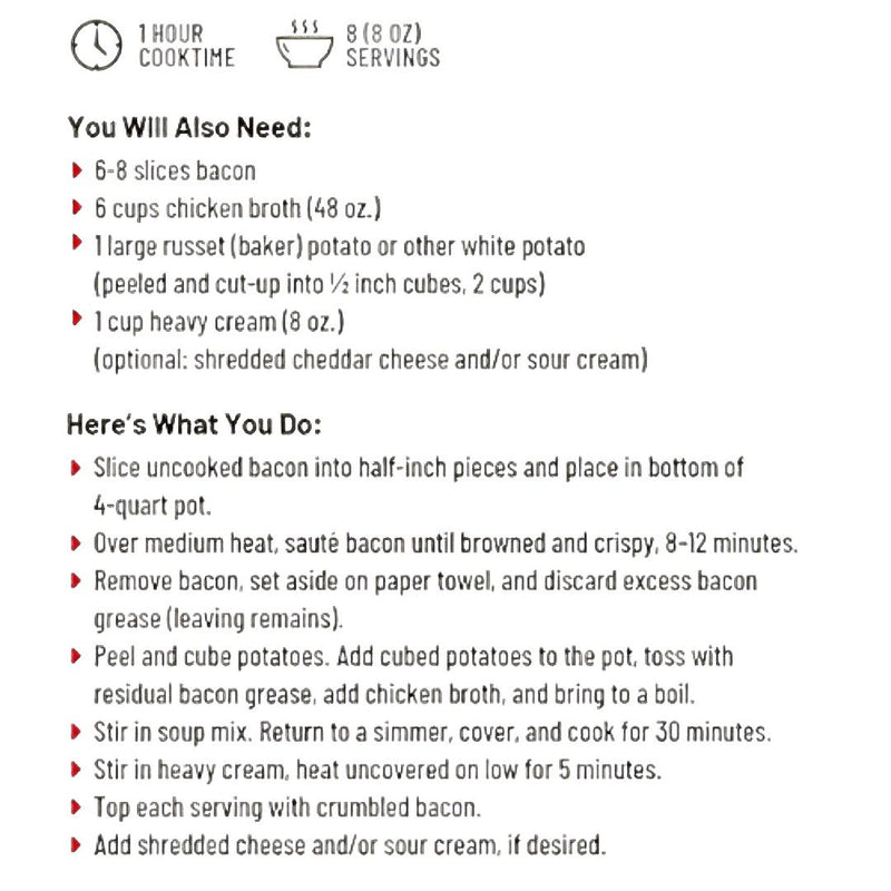 Recipe card with cooking instructions and ingredients for Anderson House Rocky Mountain Trail Loaded Potato Soup Mix. Available online at harvestarray.com.