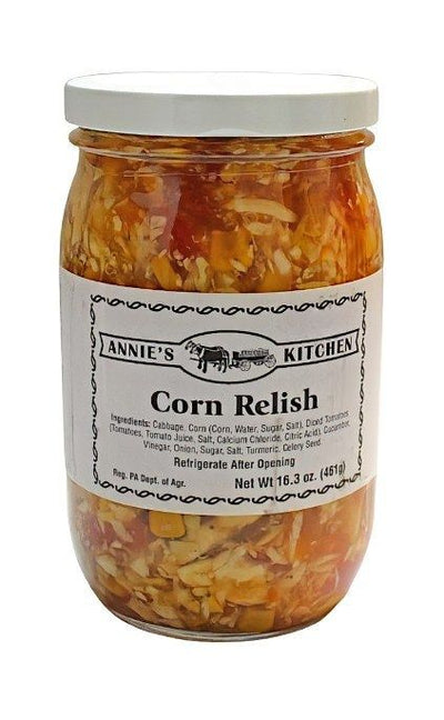 Annie's Kitchen Corn Relish contains farm fresh corn, tomatoes, cucumbers, and onions.