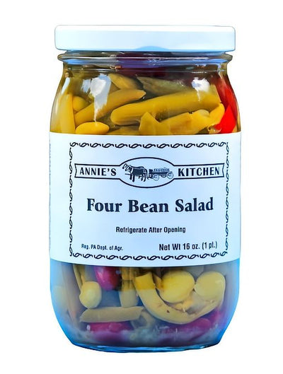 Four Bean Salad by Annie's Kitchen comes in a 16 oz. jar at Harvest Array. Made in Pennsylvania.