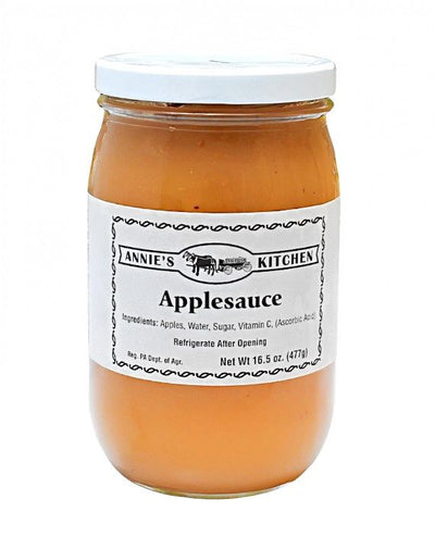 Annie's Kitchen Homemade Applesauce contains just apples, water, sugar, and vitamin C in the form of ascorbic acid to maintain color.