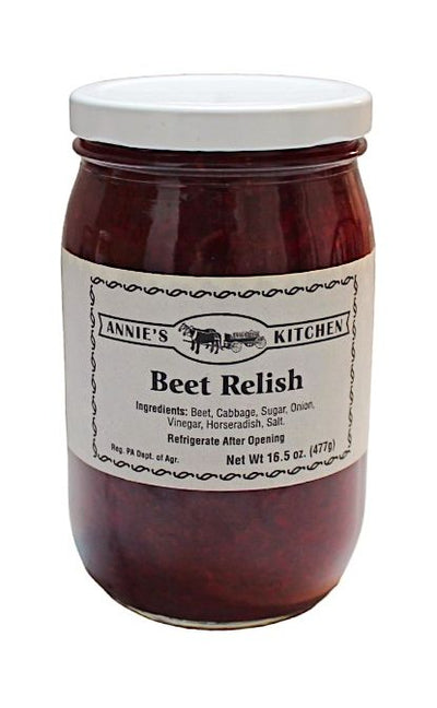Annie's Kitchen Beet Relish comes in a 16.5 ounce glass jar at Harvestarray.com.
