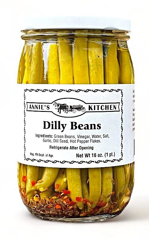 Each homemade jar of Dilly Beans contains green beans, vinegar, water, salt, garlic, dill seed, and hot pepper  flakes.