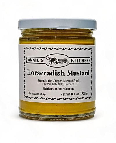 Simple, all natural ingredients in each 8.4 oz. jar of Annie's Kitchen Horseradish Mustard.