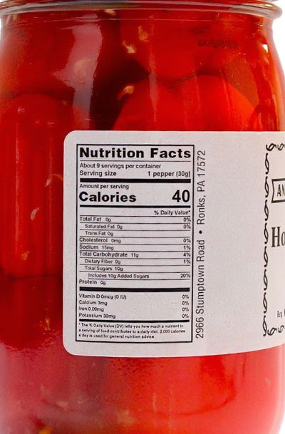 Nutrition Facts for a 16 oz. jar of Annie's Kitchen Hot Stuffed Peppers for Harvest Array.