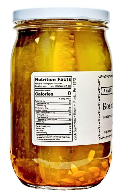 Nutrition facts for Annies Kitchen Kosher Dill Pickles.