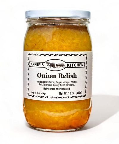Annie's Onion Relish simply contains onions, sugar, vinegar, water, and spices in each 16 oz jar.