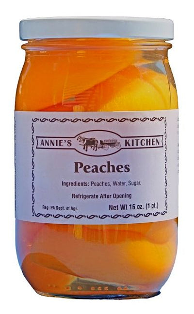 Annie's Kitchen Peaches made fresh with just peach halves, water, and sugar. 16oz jars available at harvestarray.com.