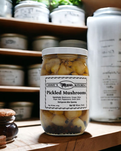 Stock the pantry with delicious Annie's Kitchen Pickled Mushrooms from harvestarray.com