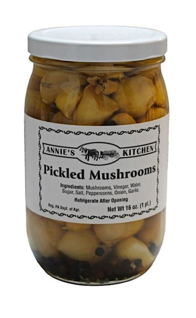 A 16 oz. jar of Annie's Amish made Pickled Mushrooms available for sale at Harvest Array.