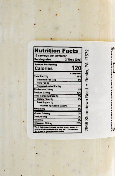 Nutrition Facts for Annie's Kitchen 16 oz. bottle of Ranch Dressing.