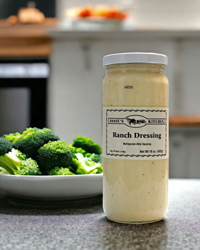Amish made Ranch Dressing from Annie's Kitchen is every kid's favorite dip for broccoli, carrot, chicken, and pizza. For Sale at Harvest Array.