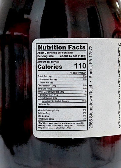 Nutrition Facts of Annies Kitchen Sweet Cherries made in PA.