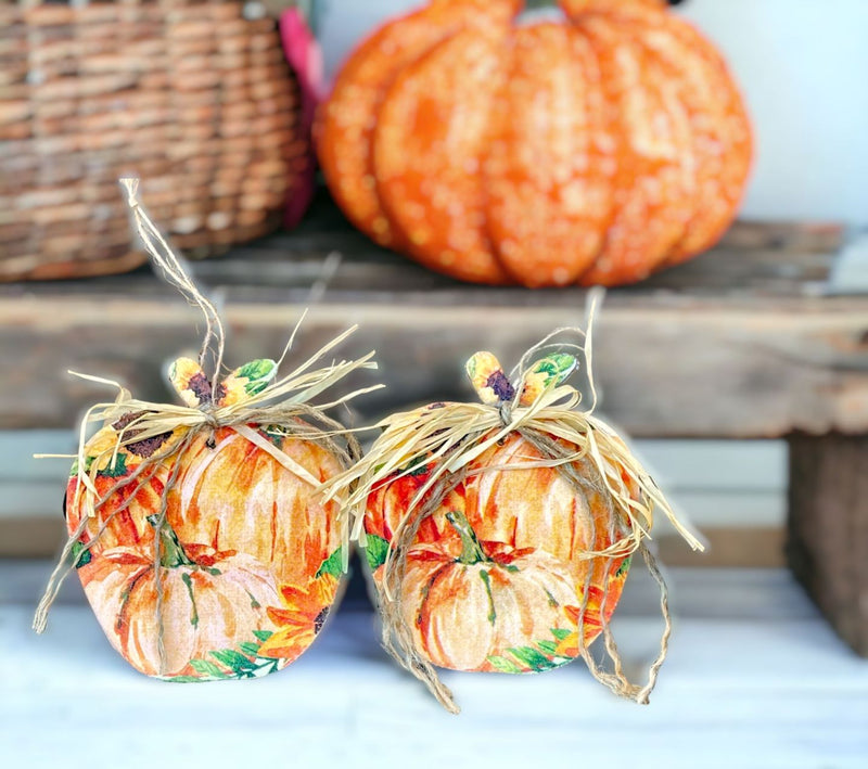 Wooden Apple Shaped hangable fall decoration -two sided pumpkin side showing. 