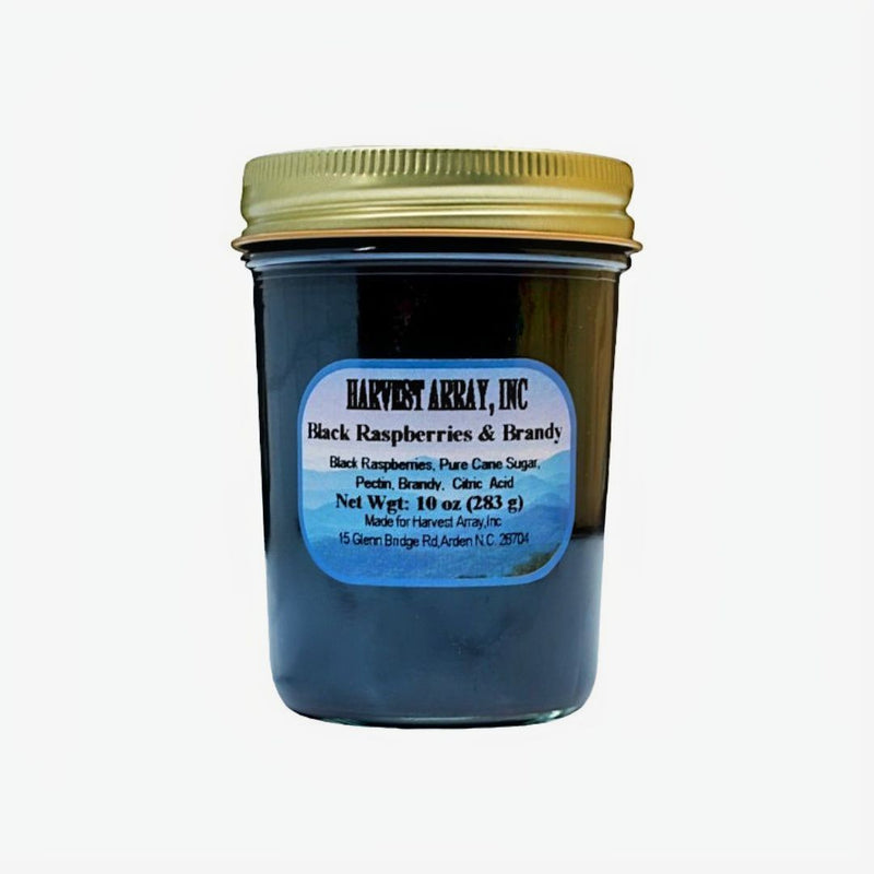 Blue Ridge Jams Black Berries and Brandy ship in a 10 ounce, reusable, glass jar from Harvest Array.