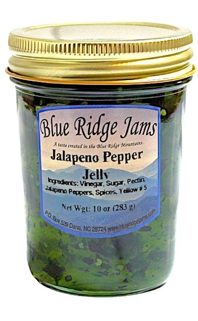 Blue Ridge Jam's Jalapeno Pepper Jelly comes in a 10 oz. reusable glass Jelly Jar. harvestarray.com.